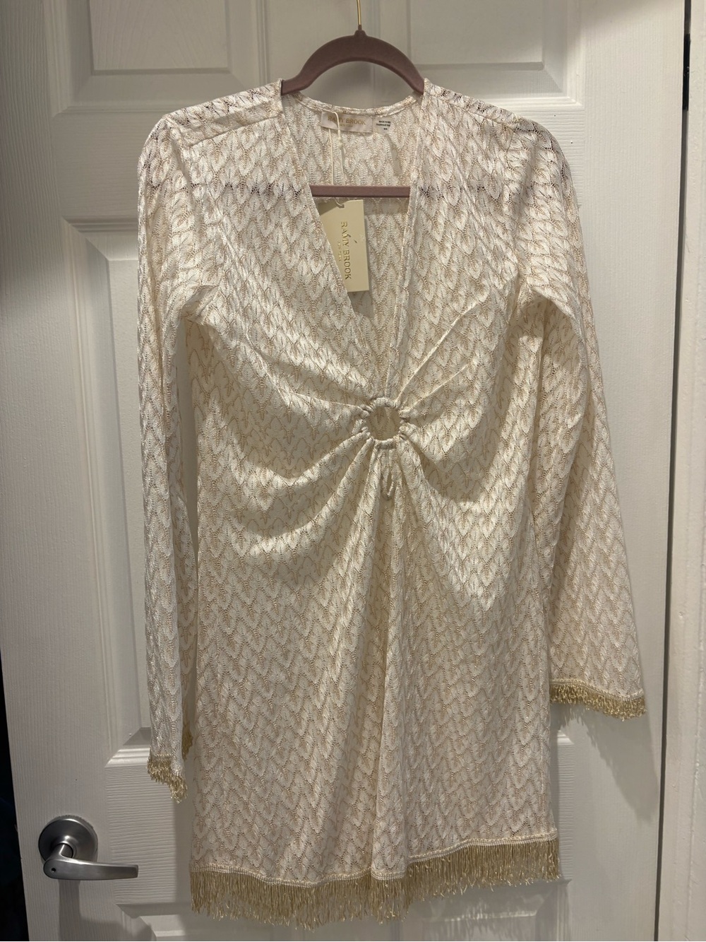 Ramy Brook Cassie Zig Zag Fringe Cover Up Dress White Gold Metallic Size M NWT - Picture 3 of 10